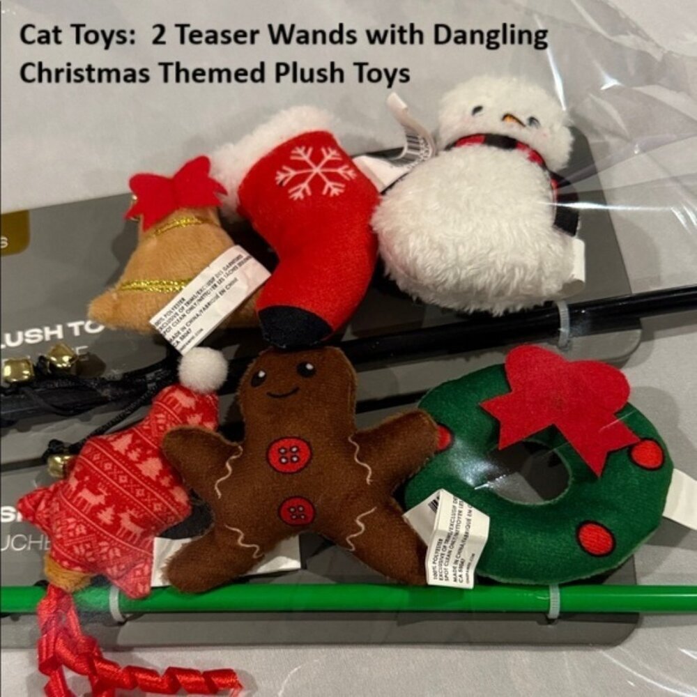 2 Christmas Themed Cat Wands each with 3 Dangling Plush Toys, Teaser Wand Set